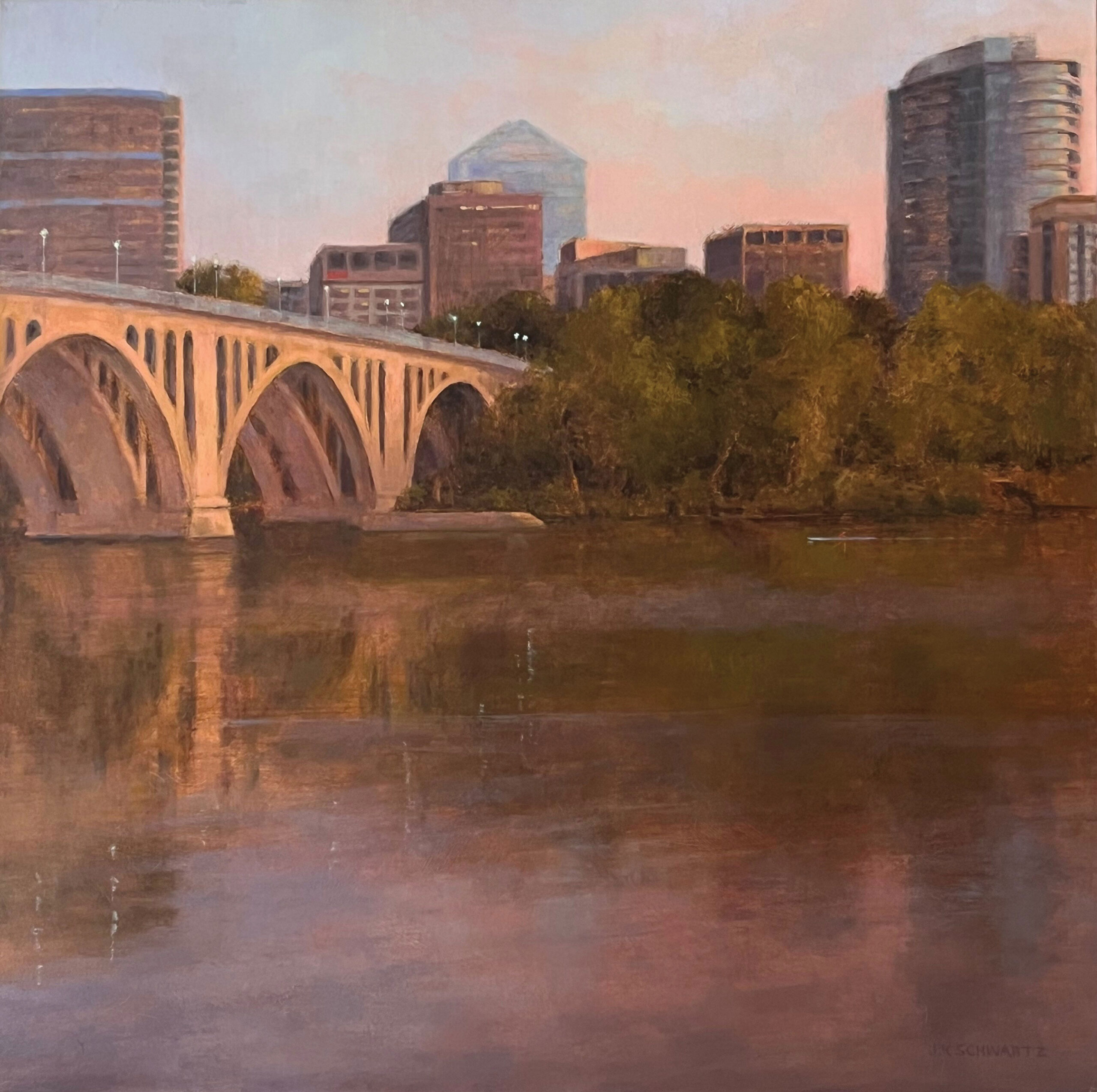 17. JEAN SCHWARTZ (b. 1946), "Rosslyn in a Rosy Light," 2023, oil on canvas, 32 x 32 in., private collection