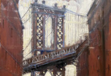 19 Contemporary Realism Cityscapes 12. JILL BASHAM (b. 1965), "In the Shadows of Greatness," 2024, oil on linen, 30 x 24 in., Trippe Gallery (Easton, Maryland)