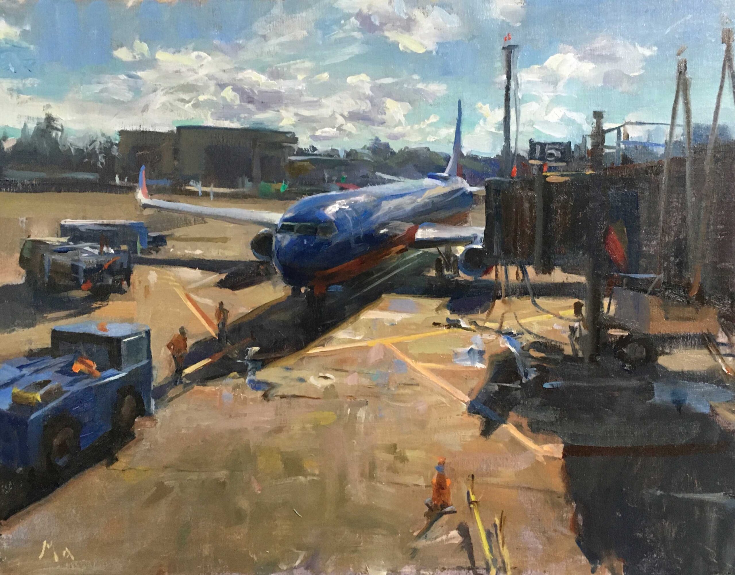 Kyle Ma, "Noon at Newark Airport," 2021, oil on panel, 14 x 18 in.