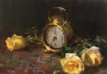 Kyle Ma’s Modern Take on Landscape, Still Life, and Genre Contemporary realism - Kyle Ma, "Still Life with Antique Clock," 2021, oil on panel, 9 x 12 in.