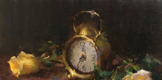 Contemporary realism - Kyle Ma, "Still Life with Antique Clock," 2021, oil on panel, 9 x 12 in.