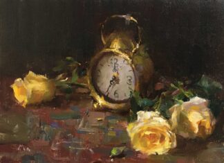 Contemporary realism - Kyle Ma, "Still Life with Antique Clock," 2021, oil on panel, 9 x 12 in.