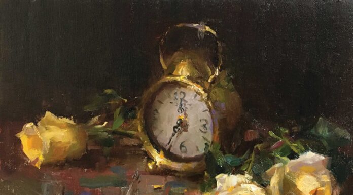 Kyle Ma’s Modern Take on Landscape, Still Life, and Genre Contemporary realism - Kyle Ma, "Still Life with Antique Clock," 2021, oil on panel, 9 x 12 in.