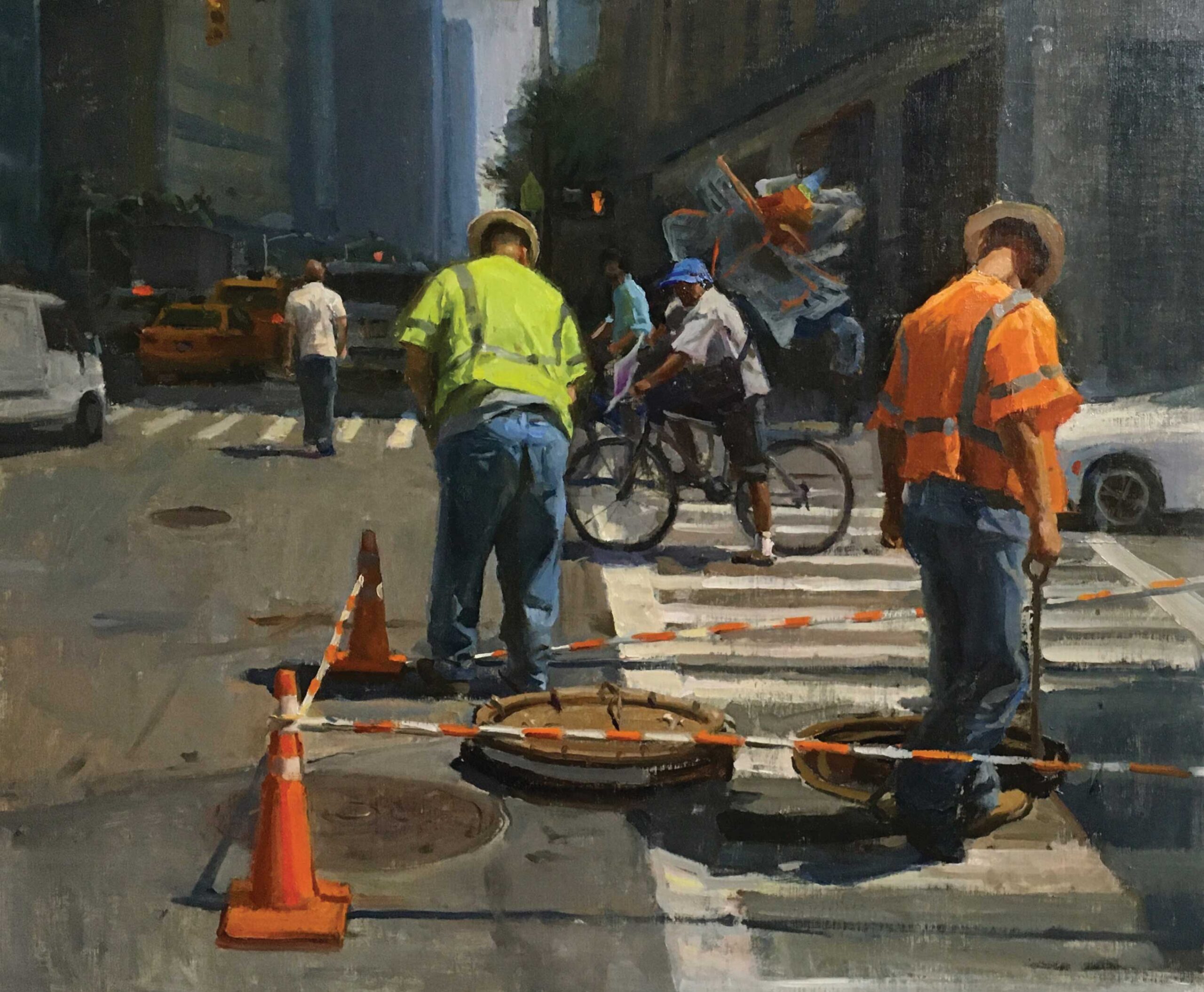 Contemporary realism - Kyle Ma, "Workers in New York," 2023, oil on panel, 20 x 24 in.