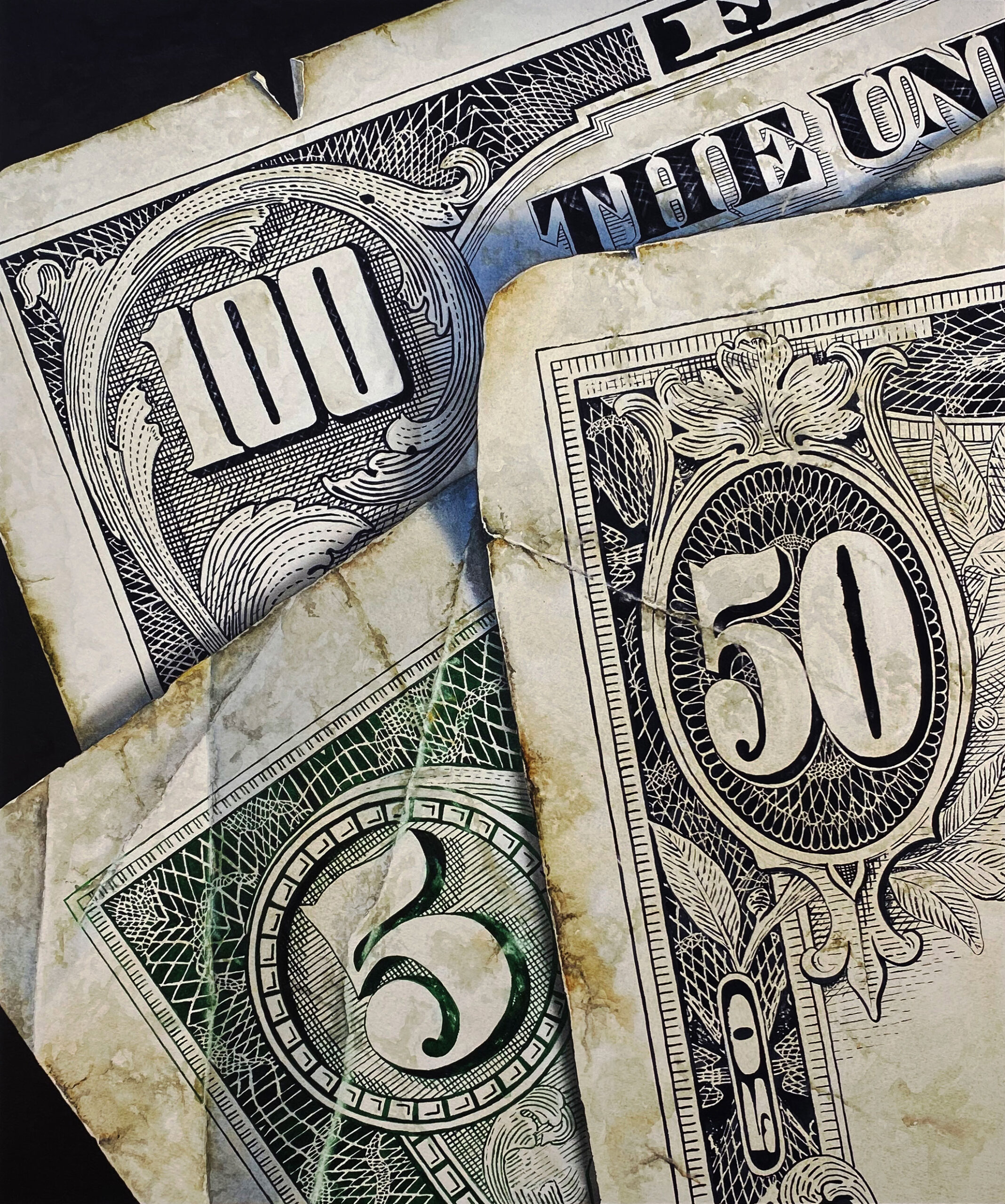 Lynn Pratt, "Sam, Ben, and Abe," watercolor, 20 x 24 in.; detailed painting of money