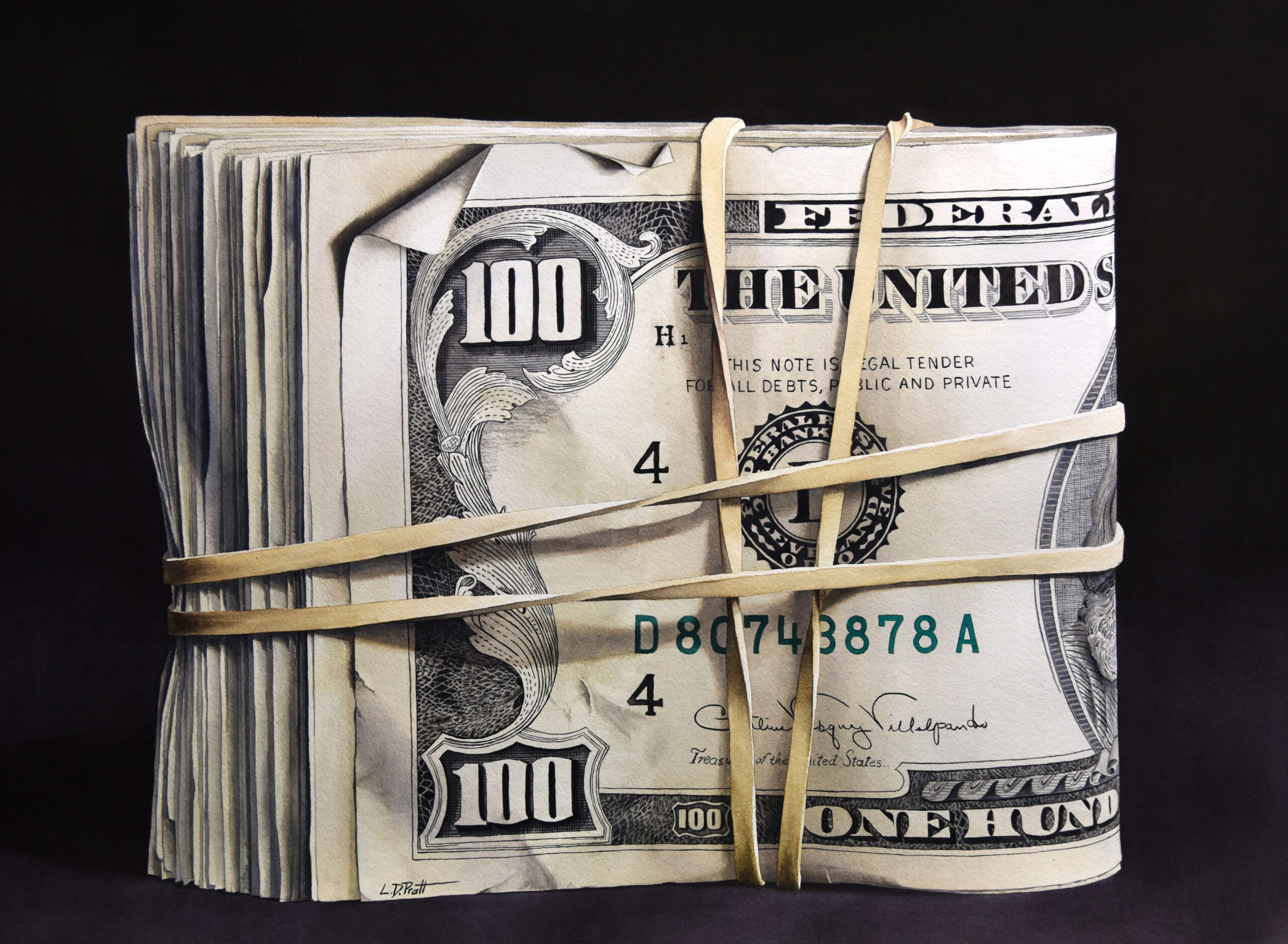 realistic watercolor - Lynn Pratt, "Banded Benjamins," watercolor, 30 x 22 in.; painting of a wad of money