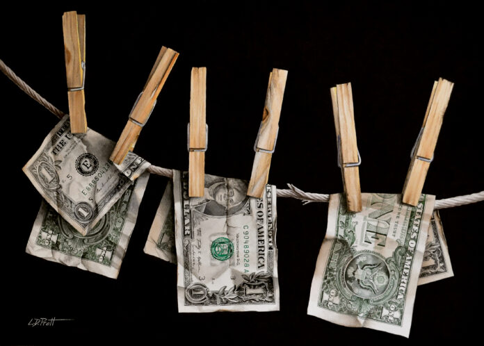 Lynn Pratt, "Money Laundering," watercolor, 21 x 15 in.; painting of money hanging from clothespins