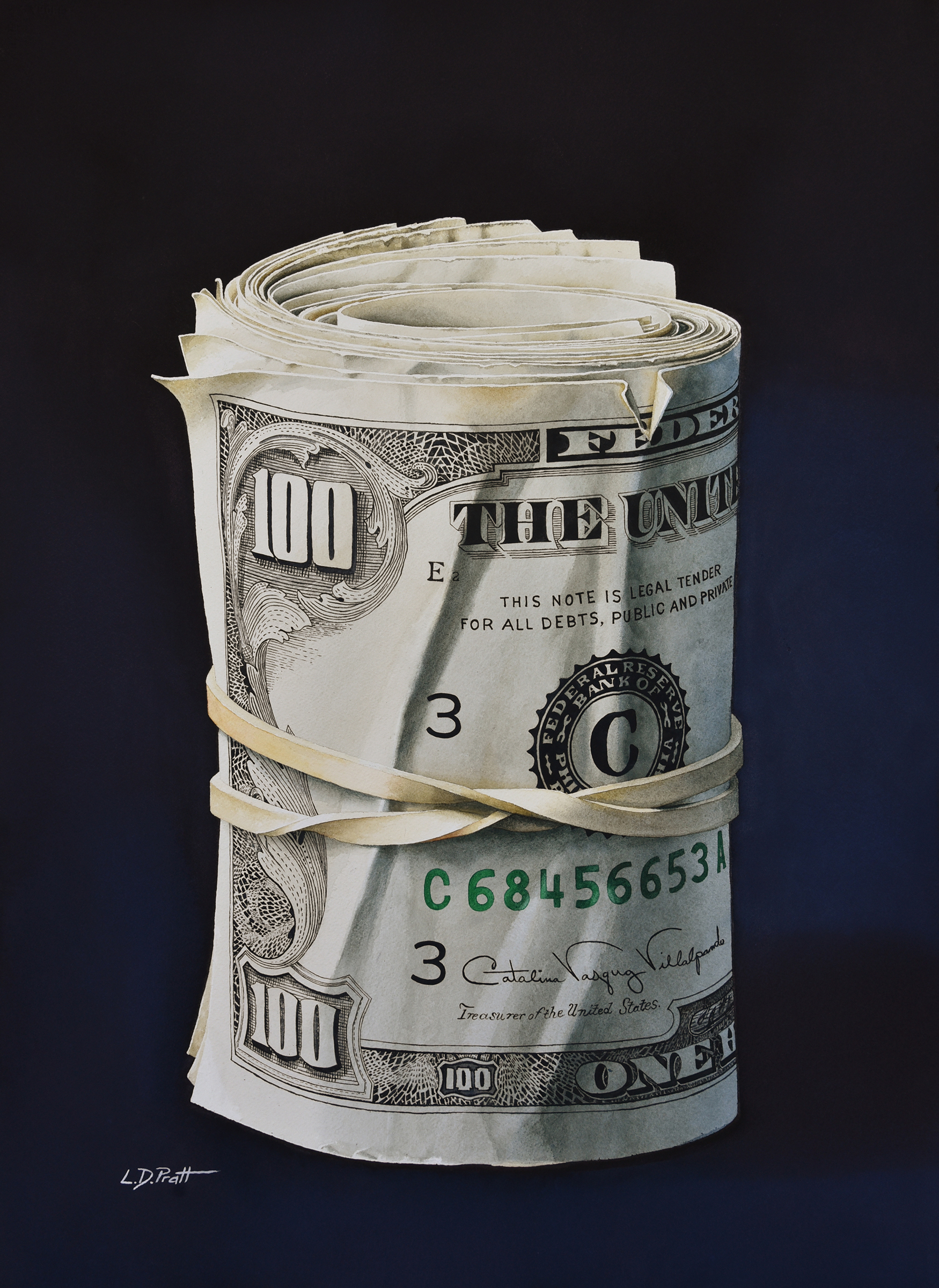 Lynn Pratt, "This Is How I Roll," watercolor, 22 x 30 in.; painting of a roll of money