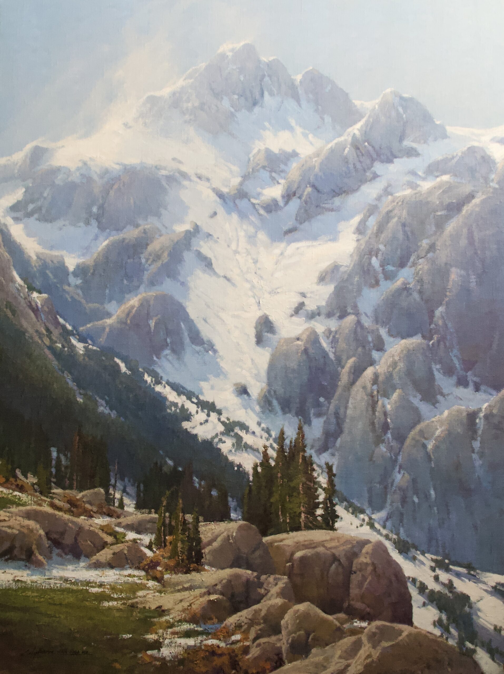 Cindy Baron, “Giants Among Us,” 2024, oil, 40 x 30 in., Private collection, Studio from a plein air study