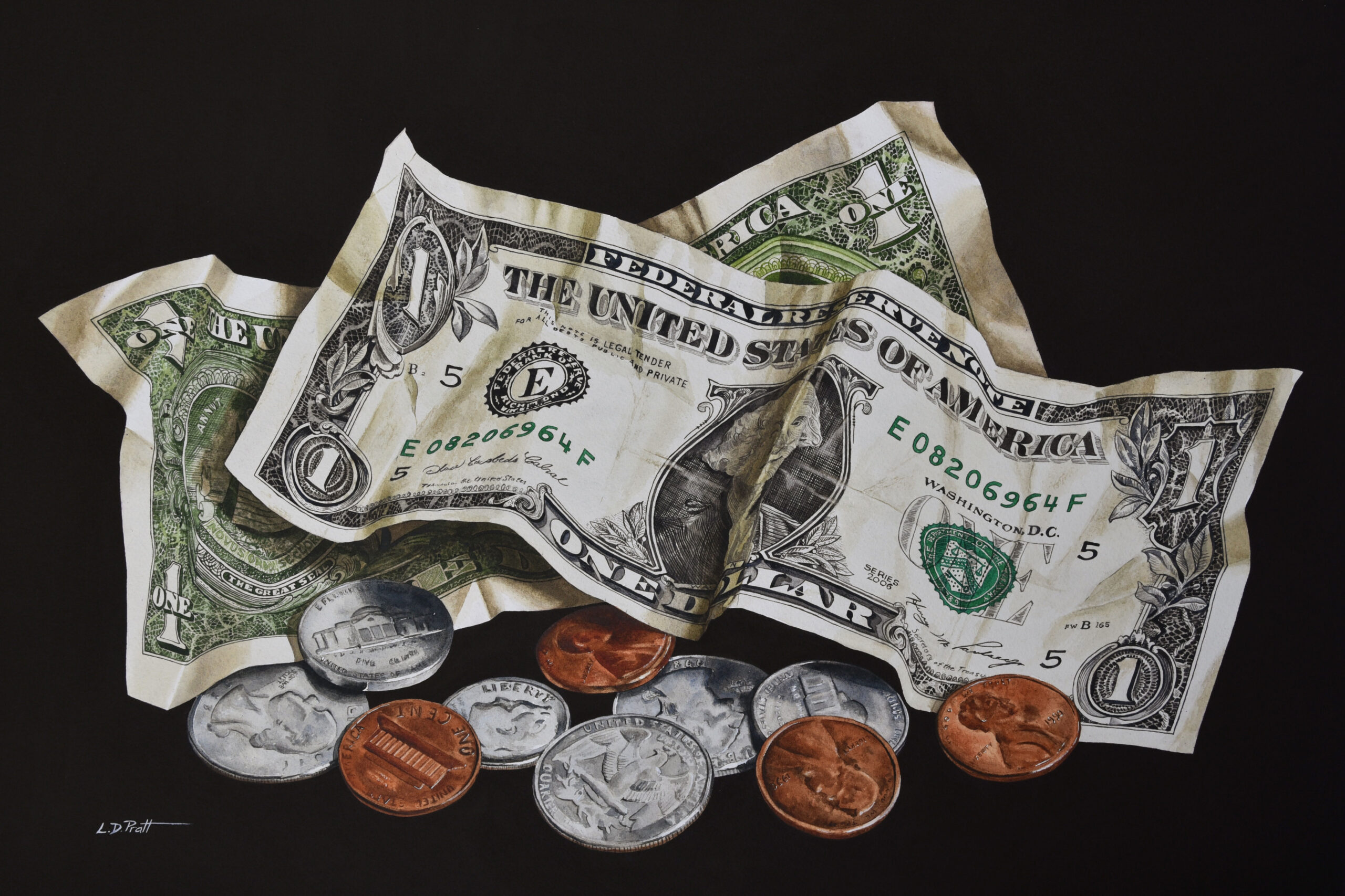 Lynn Pratt, "Pocket Change," realistic watercolor painting of single dollar bills and change