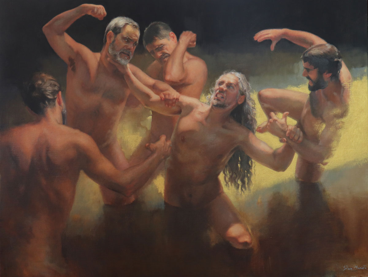 figurative art painting of males in combat - Sílvia Marieta, “The Conflict,” 2022, oil on canvas, 100 x 130 cm