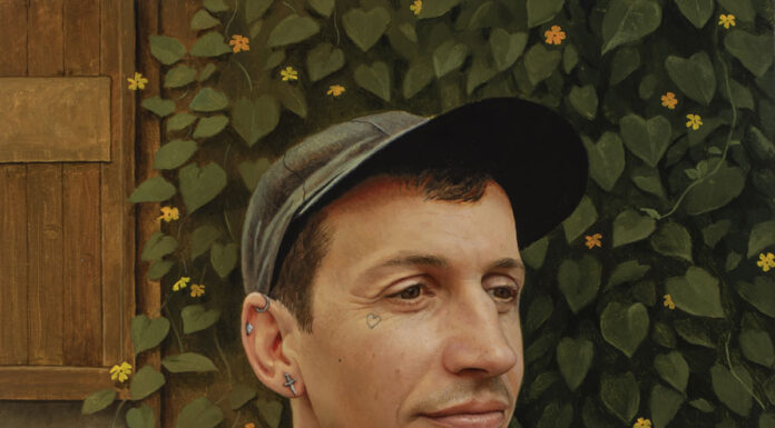 contemporary realism portrait painting - Émile Brunet, "The Man With a Fawn," 2025, oil on wood panel, 16 x 12 in.