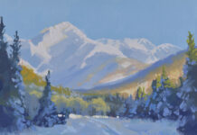 Snowy mountain and valley landscape painting - Edward Sprafkin, "Fresh Powder," gouache, 5 x 7 in. - Acrylic Live faculty artist