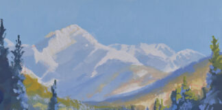 Snowy mountain and valley landscape painting - Edward Sprafkin, "Fresh Powder," gouache, 5 x 7 in. - Acrylic Live faculty artist