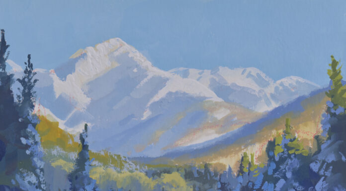 Snowy mountain and valley landscape painting - Edward Sprafkin, "Fresh Powder," gouache, 5 x 7 in. - Acrylic Live faculty artist