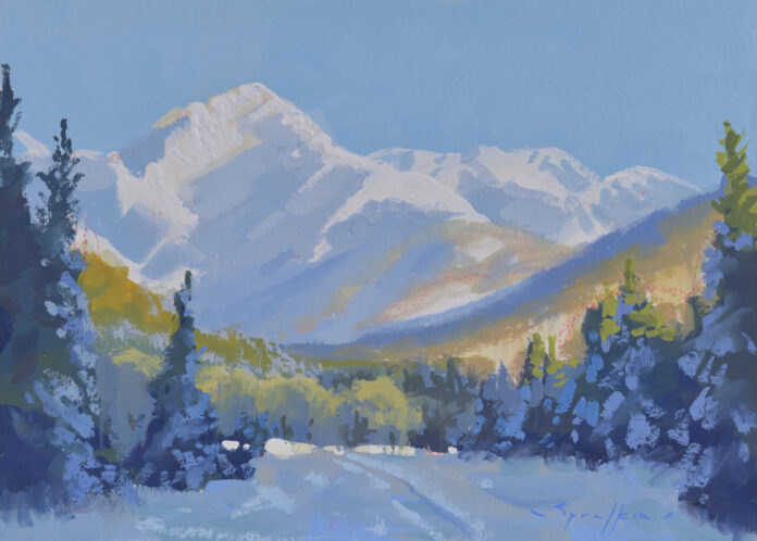 Snowy mountain and valley landscape painting - Edward Sprafkin, "Fresh Powder," gouache, 5 x 7 in. - Acrylic Live faculty artist
