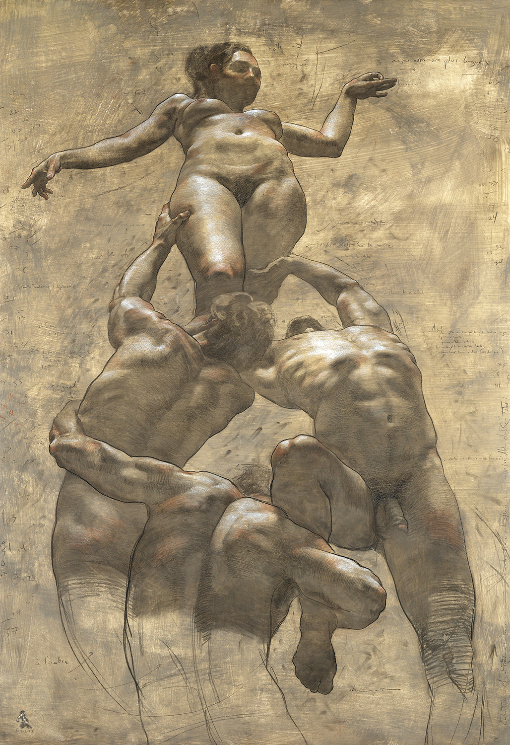 Working with live models - Shane Wolf, "In Trutina, étude," charcoal, sanguine, and chalk on paper, 74 x 50 in.