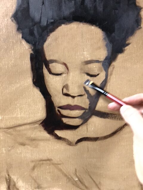 Contemporary realism portrait painting how-to - Step 3: Laying in Shadows with Color