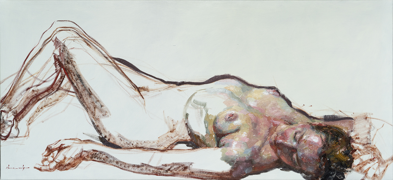 Nude figure painting - Shane Wolf, "It was in the Garage," oil on canvas, 21 x 46 in.