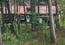 contemporary realism - Rachel Personett, "House through the Woods," 2022, oil on aluminum composite material, 18 x 24 in., available through the artist