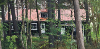 contemporary realism - Rachel Personett, "House through the Woods," 2022, oil on aluminum composite material, 18 x 24 in., available through the artist