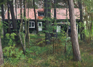 contemporary realism - Rachel Personett, "House through the Woods," 2022, oil on aluminum composite material, 18 x 24 in., available through the artist