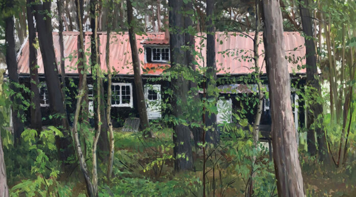 contemporary realism - Rachel Personett, "House through the Woods," 2022, oil on aluminum composite material, 18 x 24 in., available through the artist