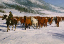 Painting of the Week: “Winter Run” Winter Painting of a herd of horses - Raj Chaudhuri, "Winter Run," oil, 24 x 48 in.; Best Western category of the PleinAir Salon, September 2025