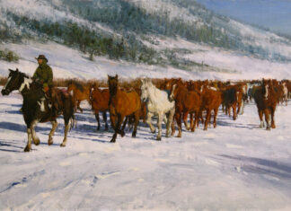 Winter Painting of a herd of horses - Raj Chaudhuri, "Winter Run," oil, 24 x 48 in.; Best Western category of the PleinAir Salon, September 2025