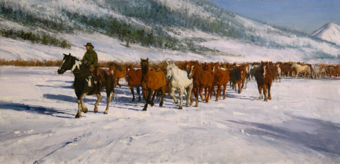Winter Painting of a herd of horses - Raj Chaudhuri, "Winter Run," oil, 24 x 48 in.; Best Western category of the PleinAir Salon, September 2025