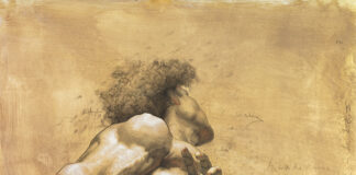 Live models drawing - Shane Wolf, "Titan, Prologue," charcoal, sanguine, and chalk on paper, 57 x 44 in.