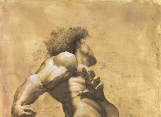 Live models drawing - Shane Wolf, "Titan, Prologue," charcoal, sanguine, and chalk on paper, 57 x 44 in.