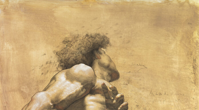 Live models drawing - Shane Wolf, "Titan, Prologue," charcoal, sanguine, and chalk on paper, 57 x 44 in.