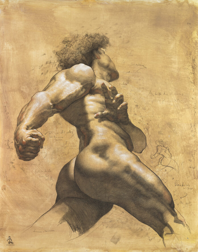 Live models drawing - Shane Wolf, "Titan, Prologue," charcoal, sanguine, and chalk on paper, 57 x 44 in.