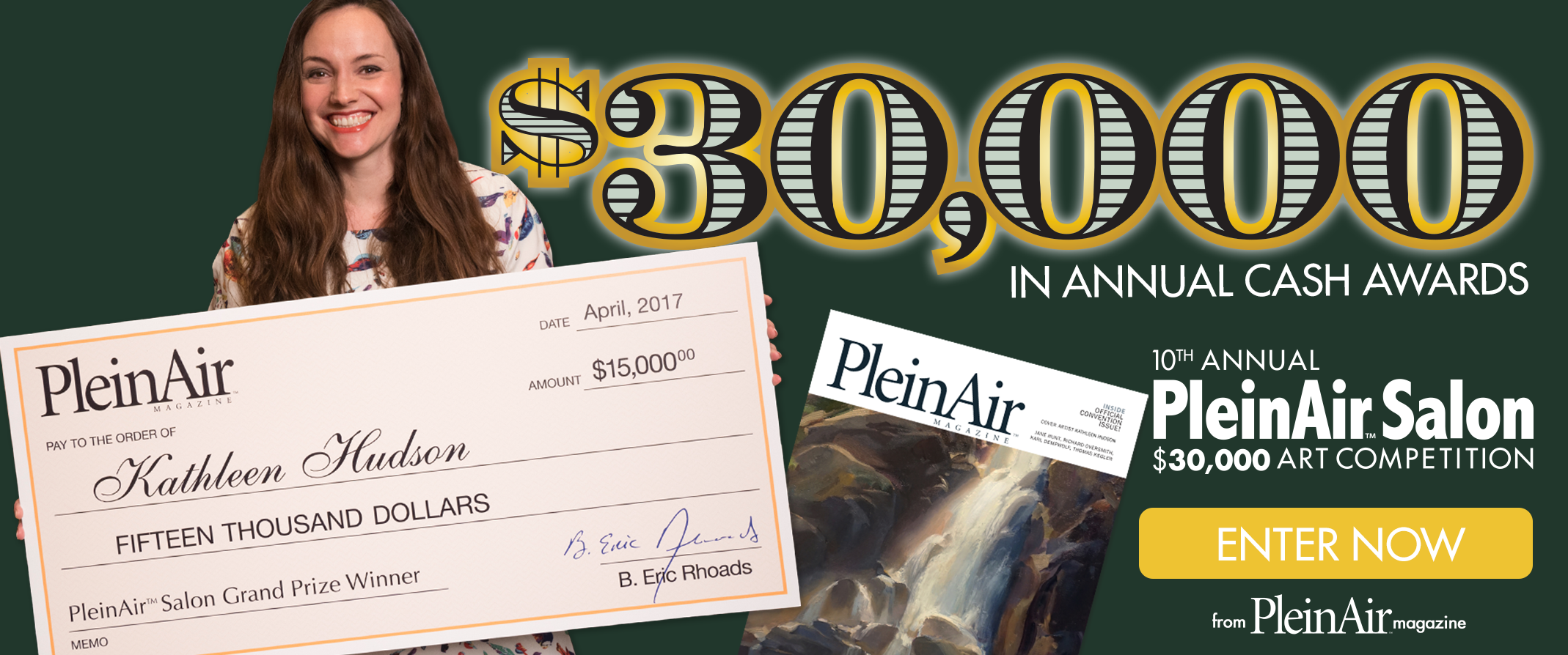 Kathleen Hudson with her Grand Prize check for winning the PleinAir Salon, now known as the Salon Art Prize