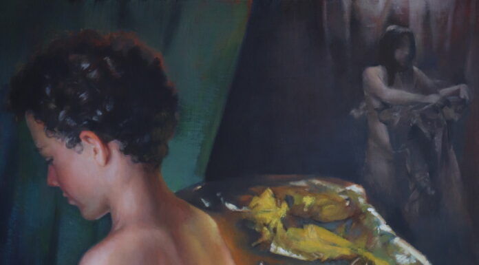 contemporary realism art - Sílvia Marieta, "Soul (At the Core)," 2023, oil on wood panel, 60 x 47 cm