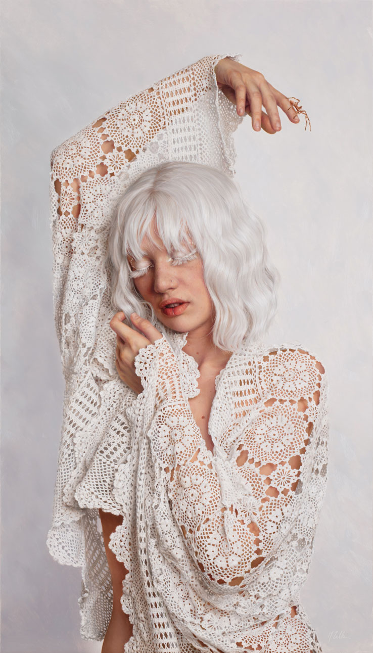Narrative contemporary realism - Narelle Zeller, "Good Intentions," 2023, oil on ACM panel, 27 1/2 x 15 3/4 in., private collection