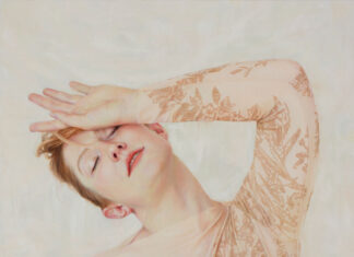 Narrative contemporary realism - Narelle Zeller, "Take Me Higher," 2023, oil on ACM panel, 19 2/3 x 15 3/4 in., private collection