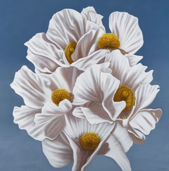 Elizabeth Barlow, "Messengers," 2026, oil on linen, 39.75 x 39.75 in Realistic still life painting of flowers - Elizabeth Barlow, "Messengers," 2026, oil on linen, 39.75 x 39.75 in - contemporary floral still life painting
